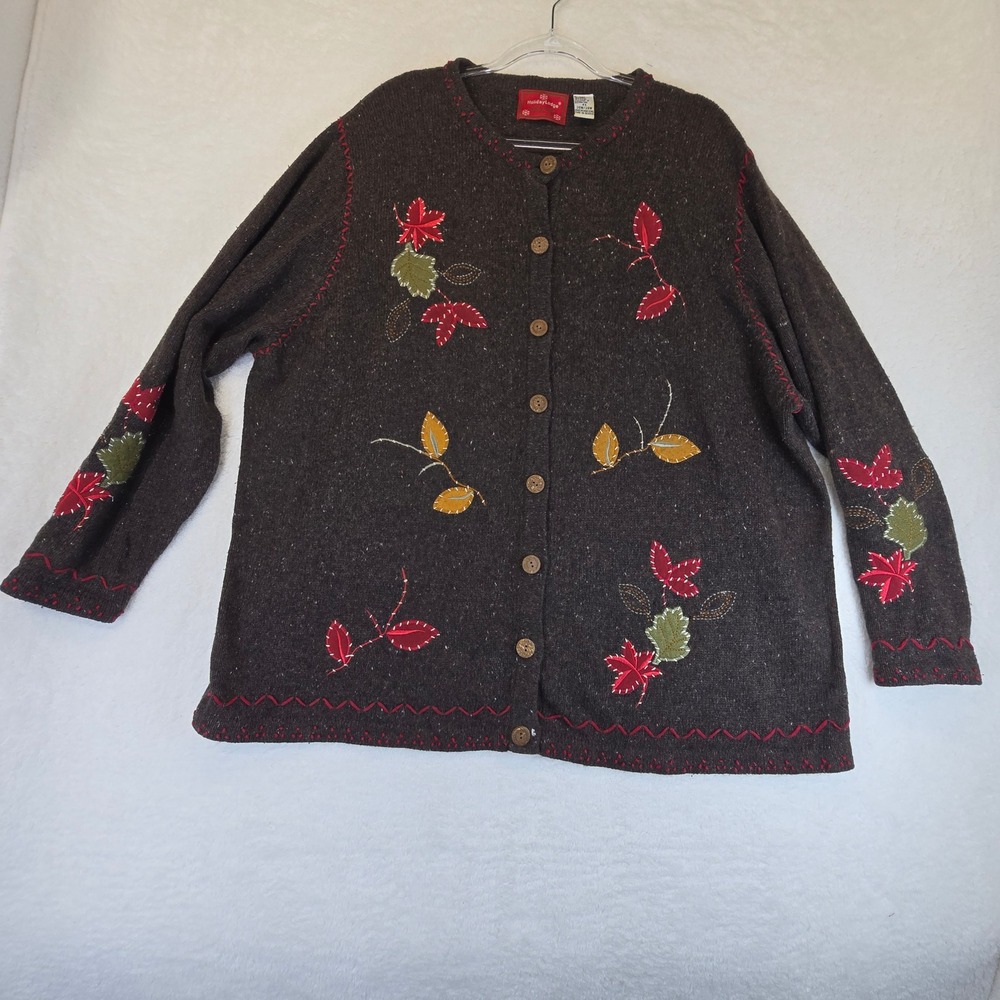 VTG Embroidered Autumn Leaf Cardigan Sweater Womens 4X Brown Wool Fall Cottage